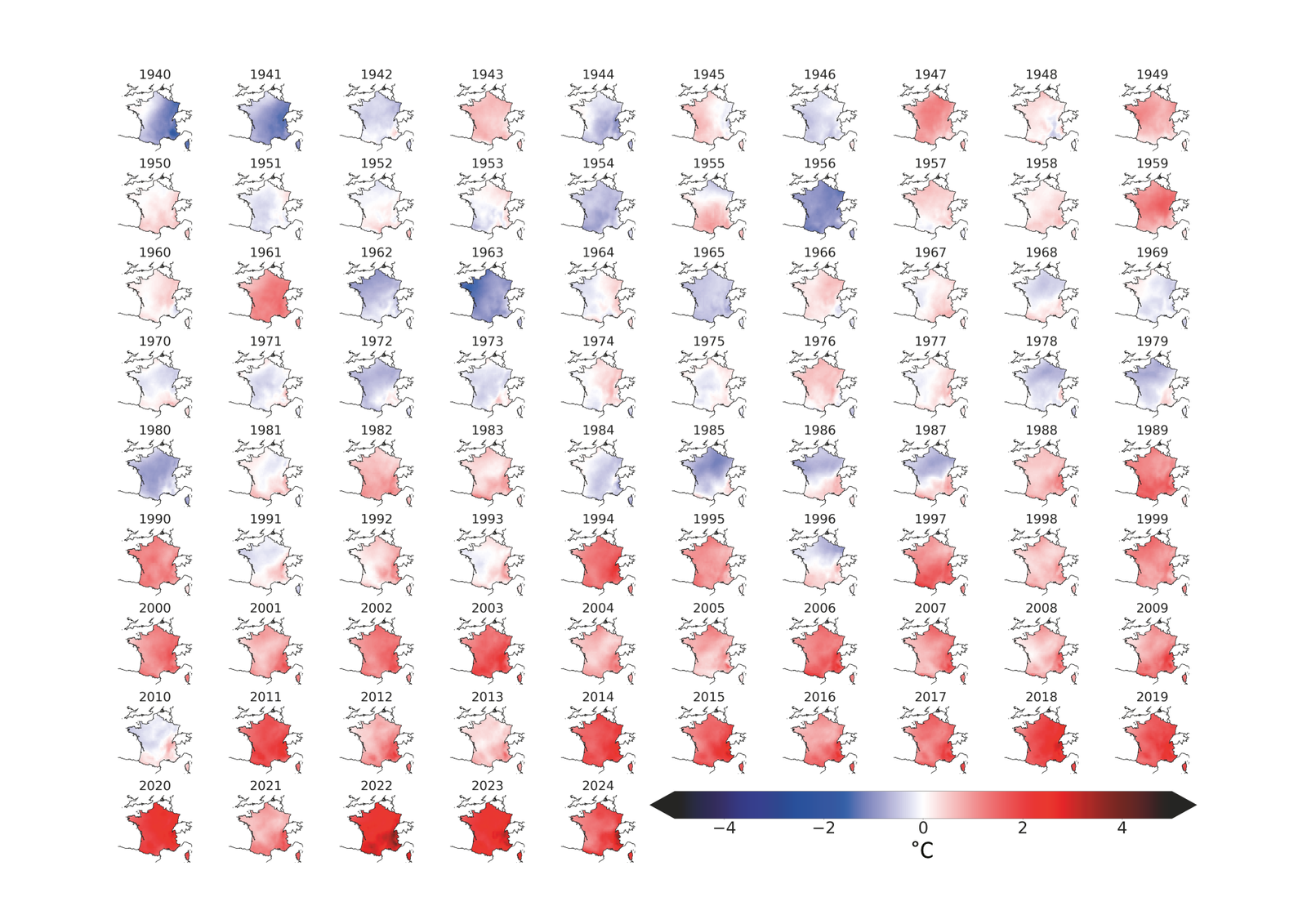 Température moyenne annuelle (France, 1940 à 2024)