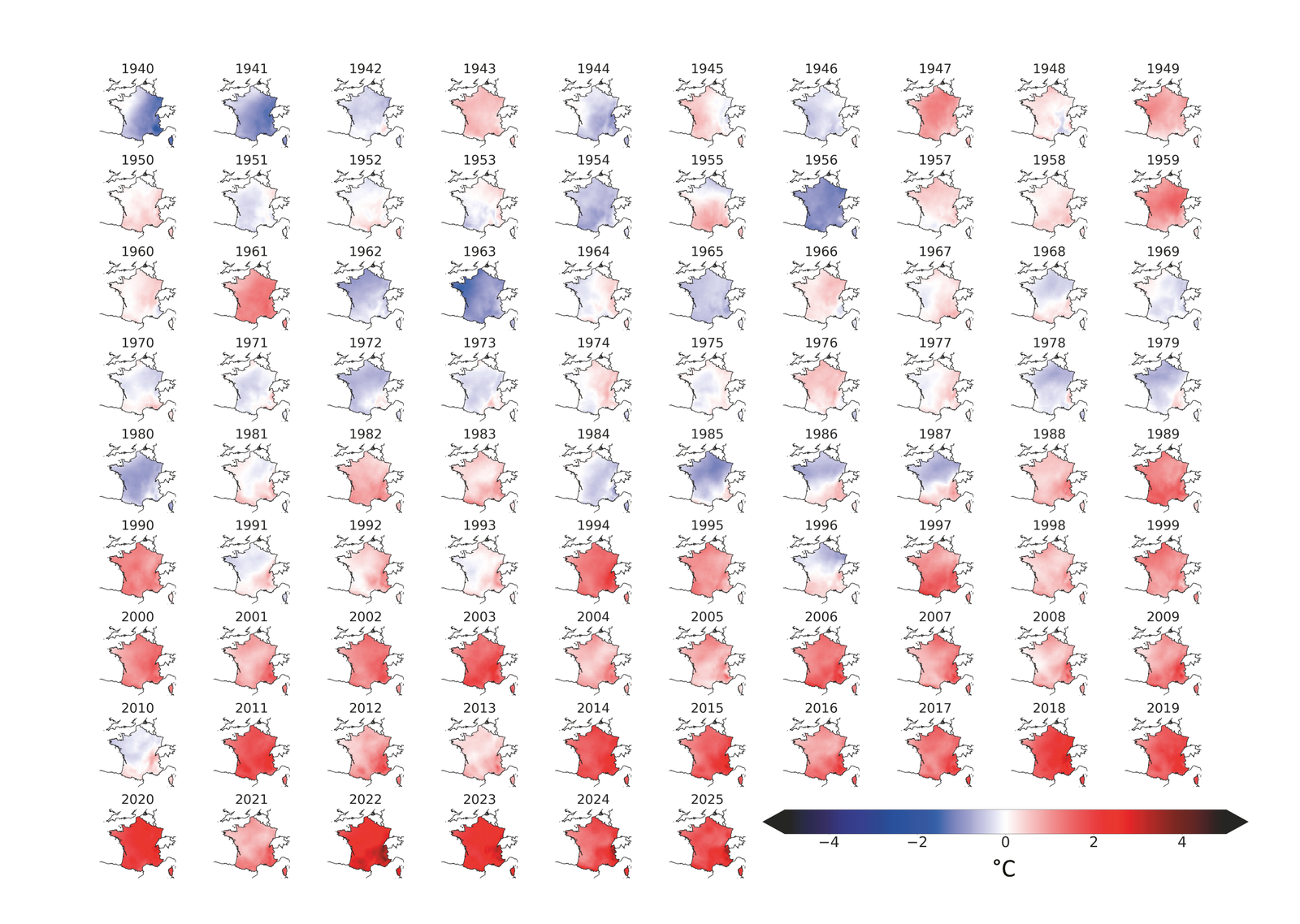 Température moyenne annuelle (France, 1940 à 2025)